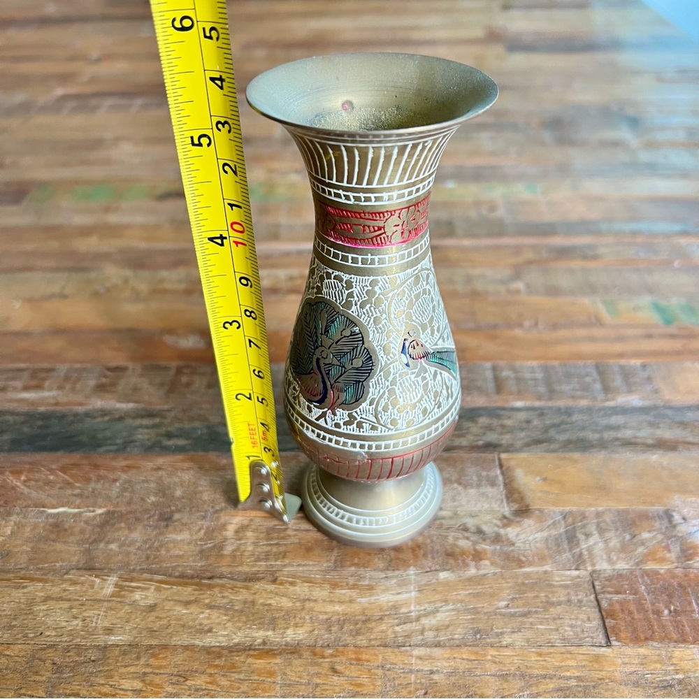 Vintage Indian Brass Vase with Etching and Painted Design - Picture 8 of 8